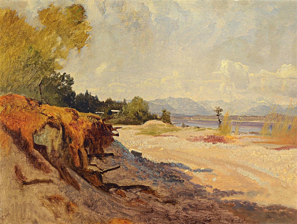 Adolf Heinrich Lier, 1826 Herrnhut-1882 Vahrn bei Brixen, Landschaftstudie an einem Seeufer, Öl/Malkarton, unsigniert, rückseitig längere ...