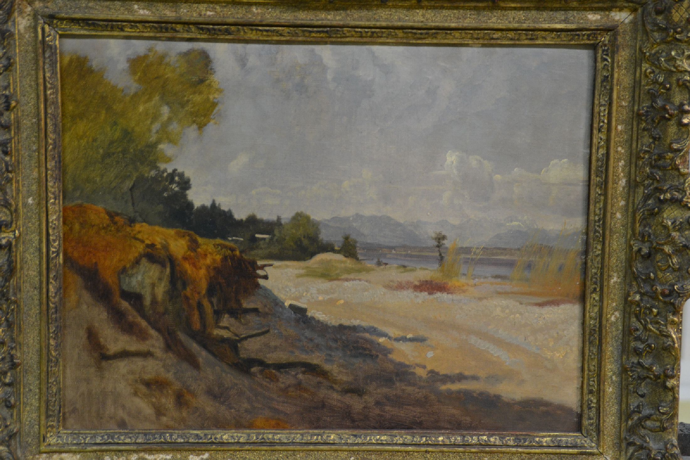 Detail b: Adolf Heinrich Lier, 1826 Herrnhut-1882 Vahrn bei Brixen, Landschaftstudie an einem Seeufer, Öl/Malkarton, unsigniert, rückseitig längere ...