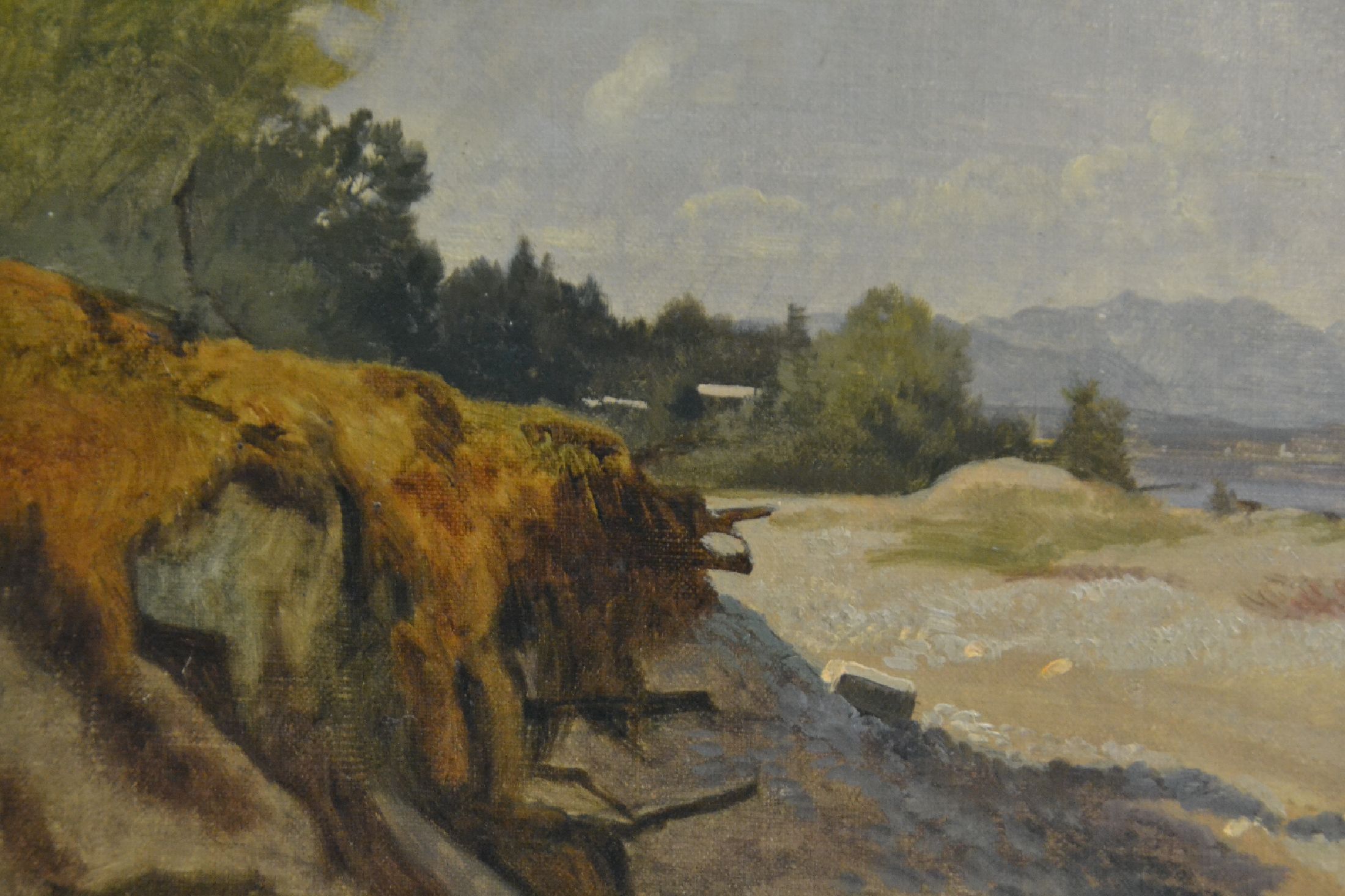 Detail c: Adolf Heinrich Lier, 1826 Herrnhut-1882 Vahrn bei Brixen, Landschaftstudie an einem Seeufer, Öl/Malkarton, unsigniert, rückseitig längere ...