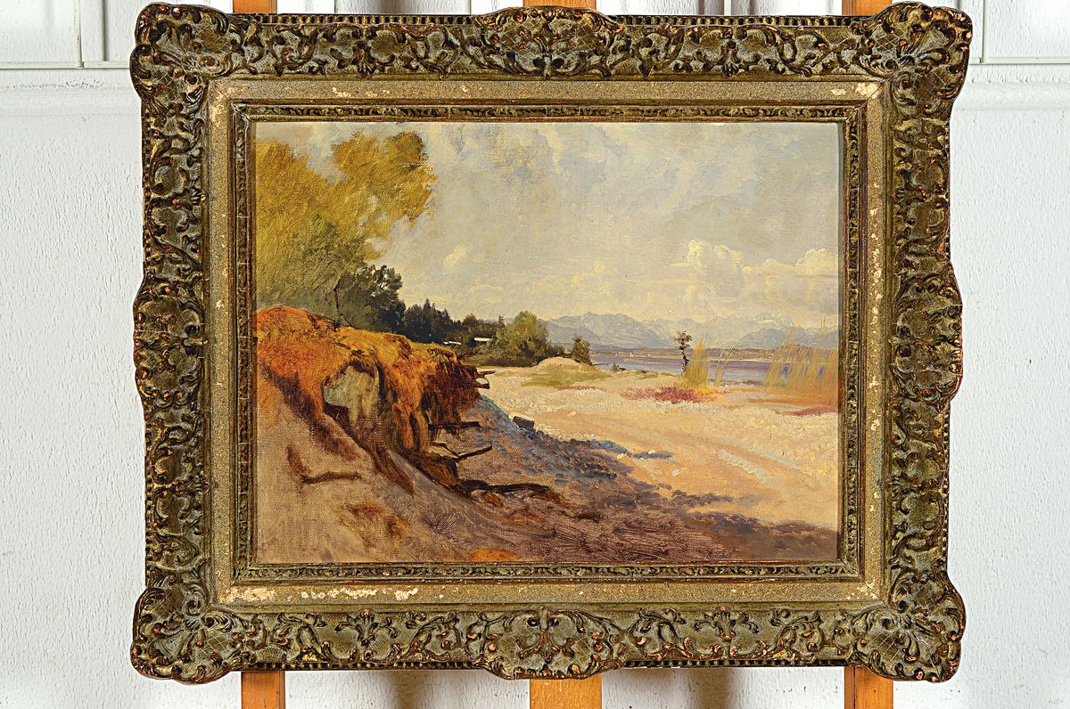 Detail k: Adolf Heinrich Lier, 1826 Herrnhut-1882 Vahrn bei Brixen, Landschaftstudie an einem Seeufer, Öl/Malkarton, unsigniert, rückseitig längere ...