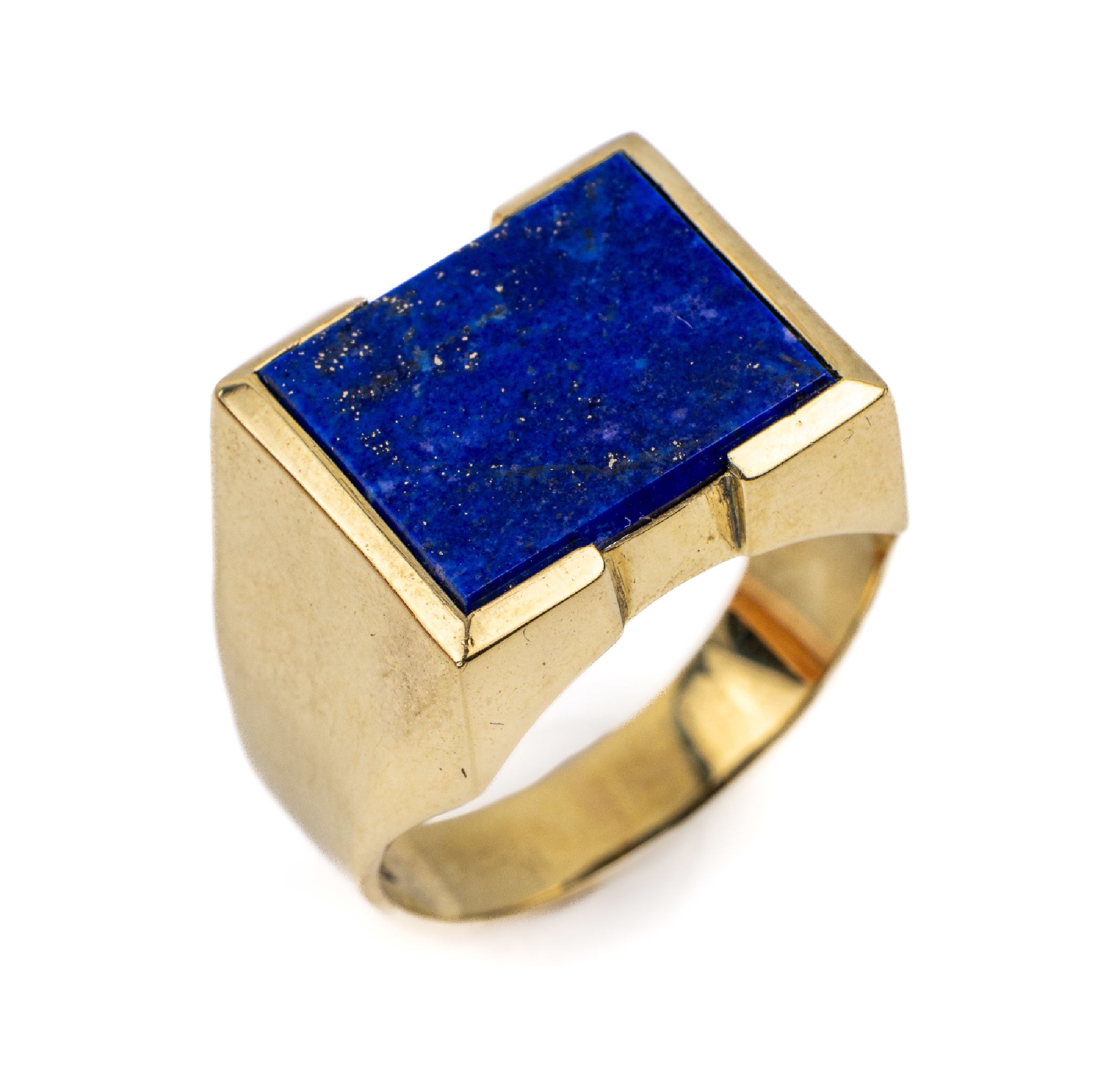 14 kt Gold Lapislazuli-Herrenring, GG 585/000, schlichte Gestaltung, freie Lapislazuliplatte, RW 63, ca. 7.9 g