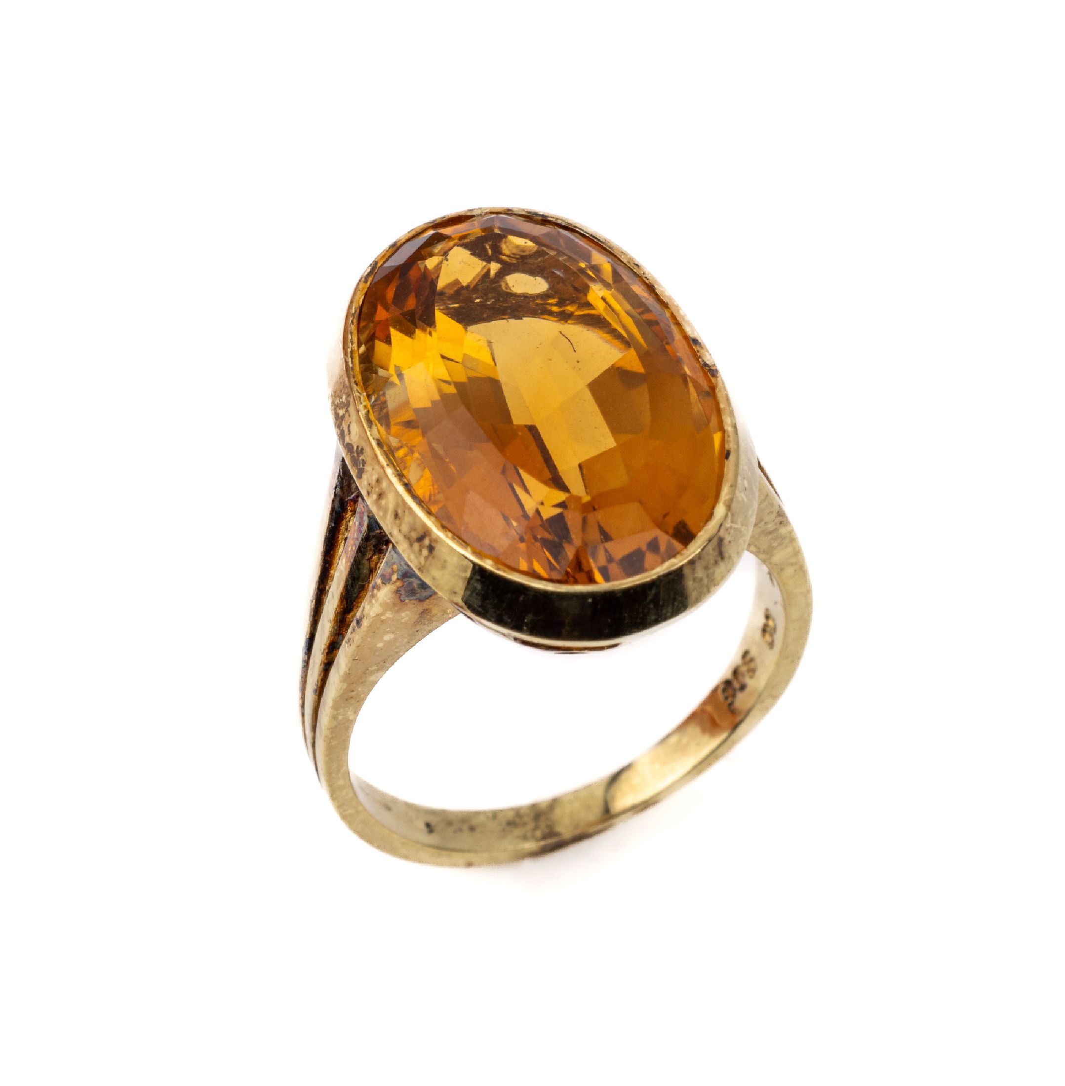 14 kt Gold Citrin-Ring, 1950er Jahre, GG 585/000, ovalfacett. Citrin ca. 10.00 ct, RW 53, ca. 7.2 g, Hersteller GEBR. CASPER