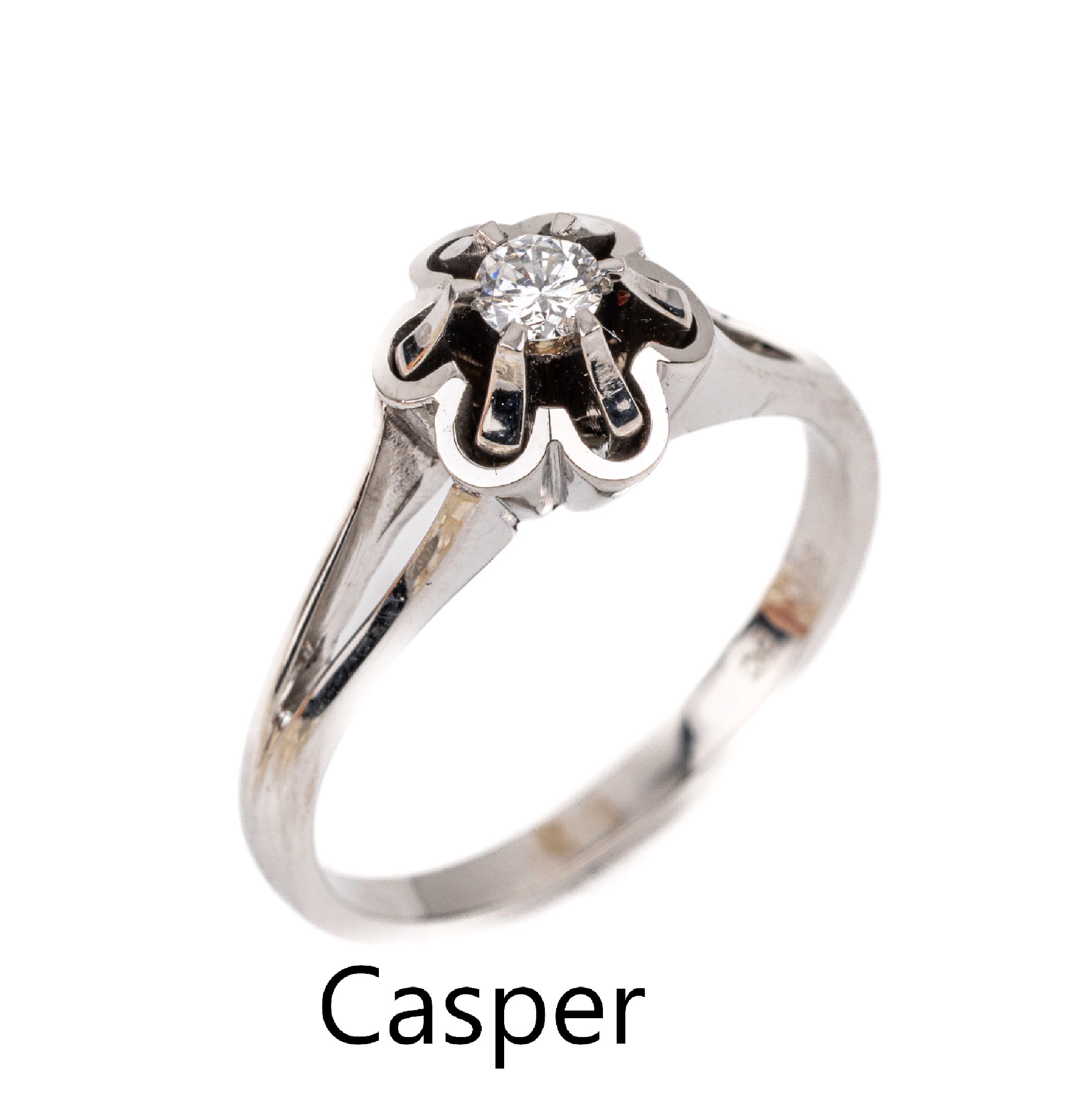 14 kt Gold Brillant-Ring, WG 585/000, Brillant ca. 0.13 ct (grav.) Weiß/si, RW 56, ca. 3.7 g, Hersteller GEBR. CASPER