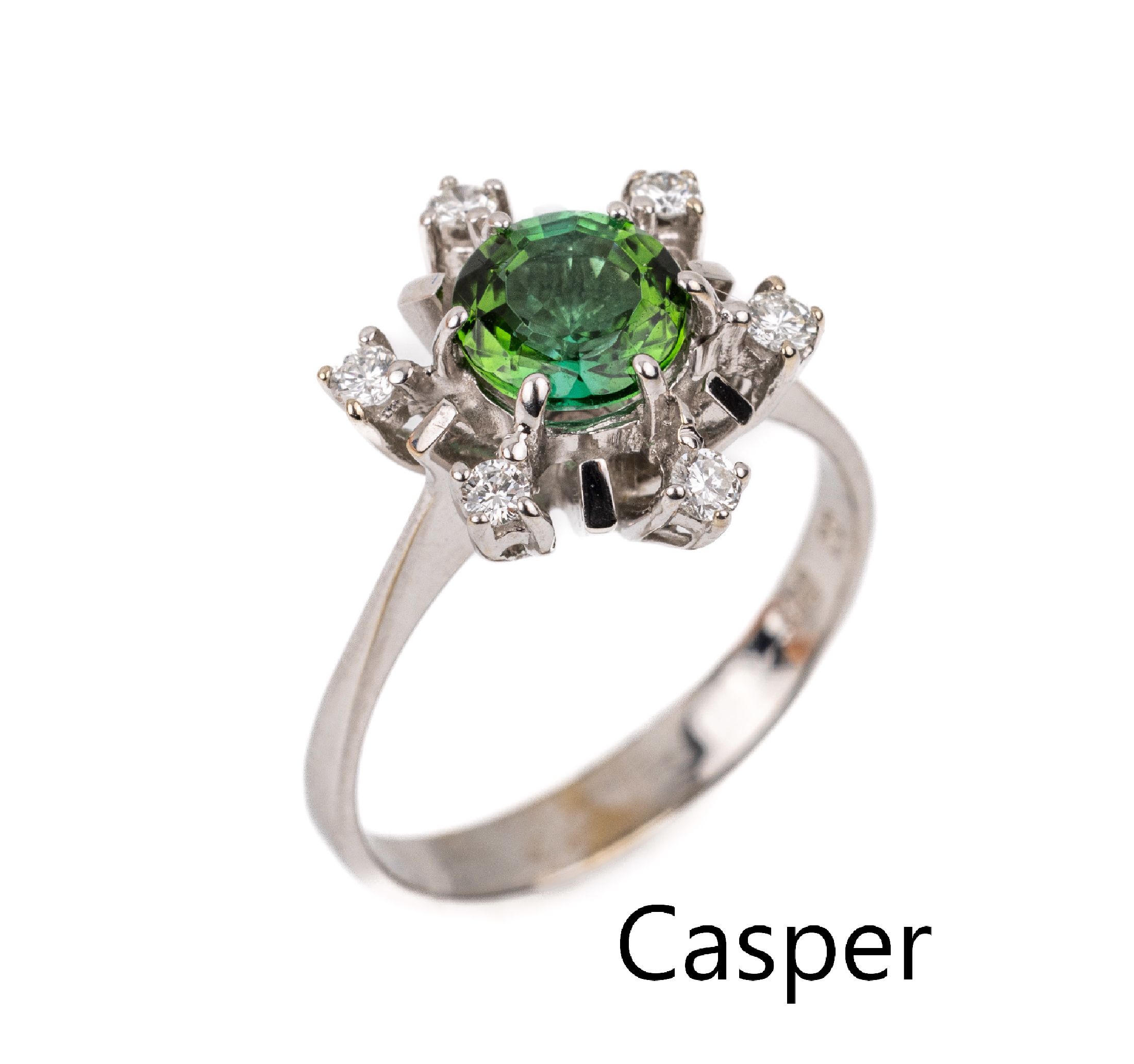 14 kt Gold Turmalin-Brillant-Ring, WG 585/000, mittig rundfacett. Turmalin ca. 1.00 ct, umgeben von 6 Brillanten zus. ca. 0.15 ct Weiß/si, RW 53, ...