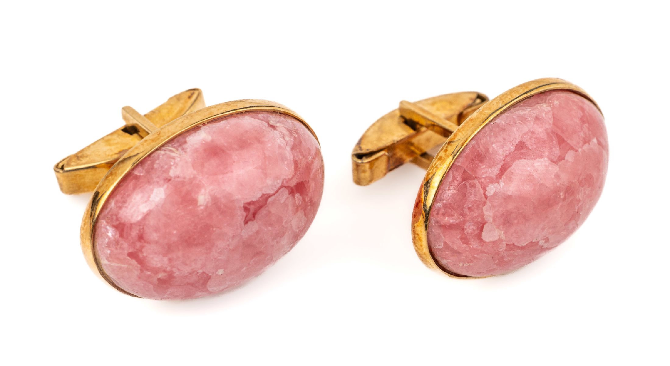 Paar 18 kt Gold Rhodochrosit Manschettenknöpfe, GG 750/000, 2 Rhodochrosit-Cabochons ca. 25 x 17 mm, total ca. 22.8 g