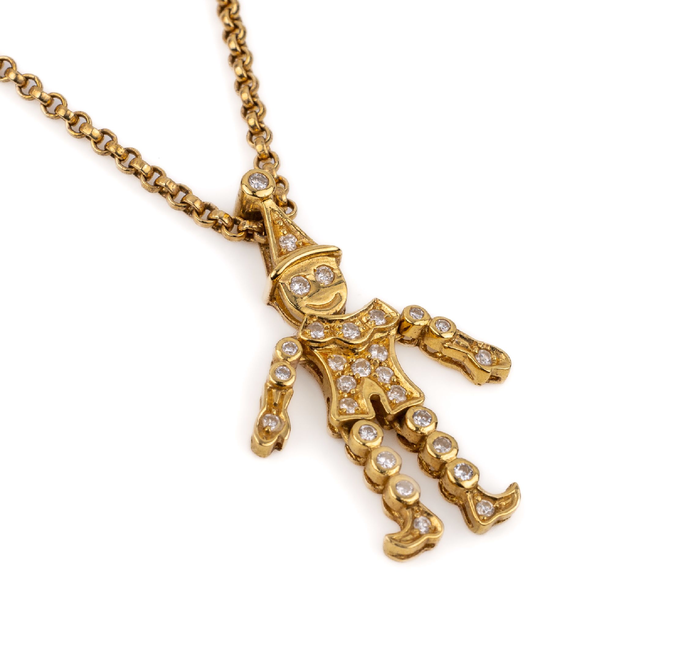 18 kt Gold Brillant-Hampelmann Anhänger, GG 750/000, beweglich gearbeitet, 28 Brill. zus. ca. 0.56 ct Weiß/p 1, an Kette GG 585/000 L ca. 39.5 cm, ...