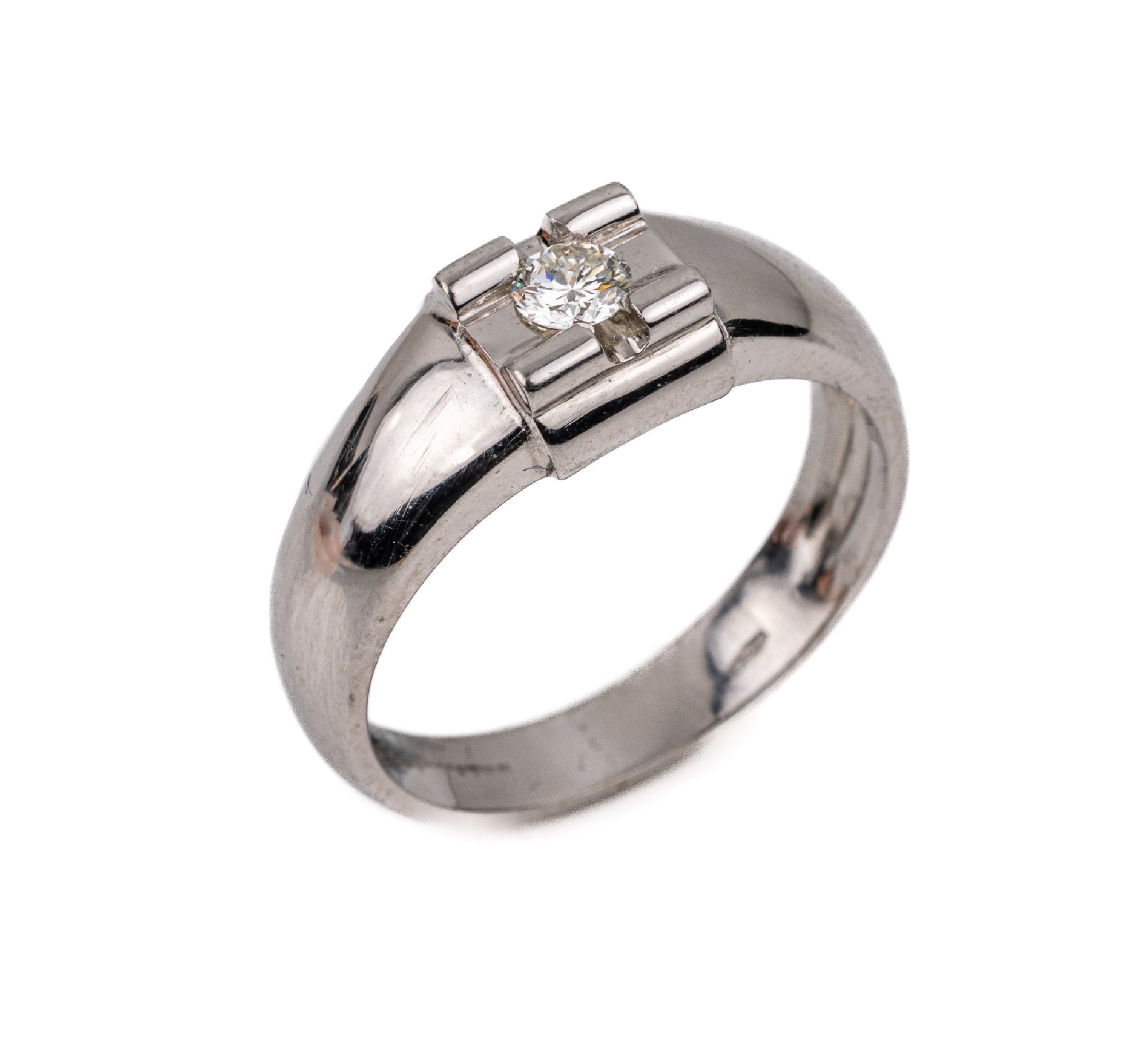 18 kt Gold Brillant-Ring, WG 750/000, laut GABA/HRD Zertifikat Brillant ca. 0.20 ct feines Weiß (F)/lupenrein, RW 58.5, total ca. 6.1 g, mit ...