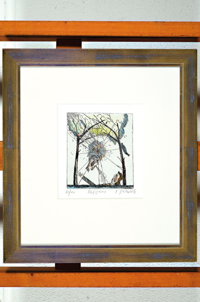 Bernd Kastenholz, geb. 1949 Speyer, Netzspinner, Farbradierung, handsigniert, betitelt, num. 83/100, ca. 13x11cm, PP, u.Gl., R. ca. 36.5x33cm