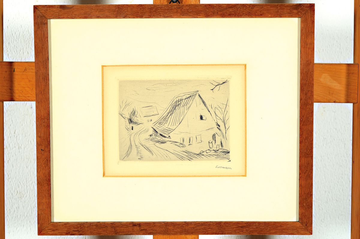 Hans Purrmann, 1880 Speyer-1966 Basel, Haus am Straßenrand, Radierung, rechts unten handsigniert, ca. 9x12cm, PP, u.Gl., R. ca. 25x30cm