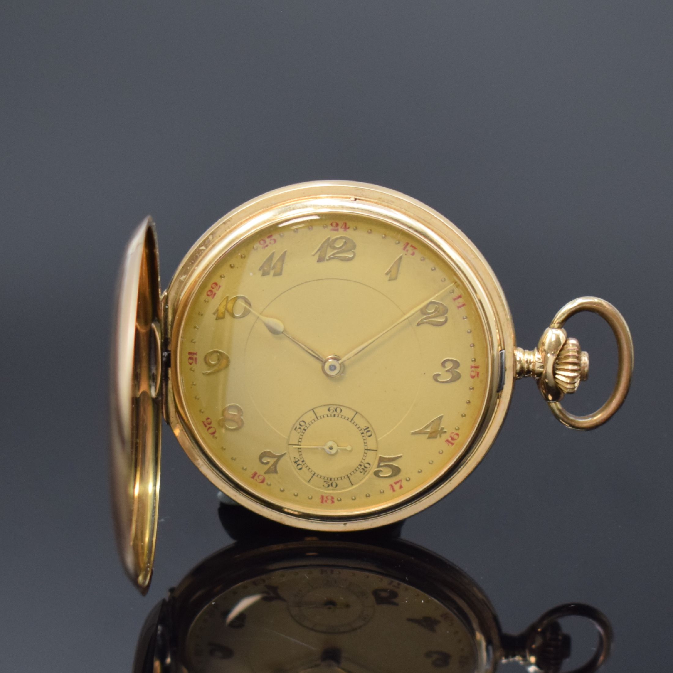 Savonette Herrentaschenuhr in RoseG 585/000, Schweiz um 1920, glattes 2-Deckel Goldgeh. l. dell., verg. Cuv., verg. Zifferbl. m. gold. ...