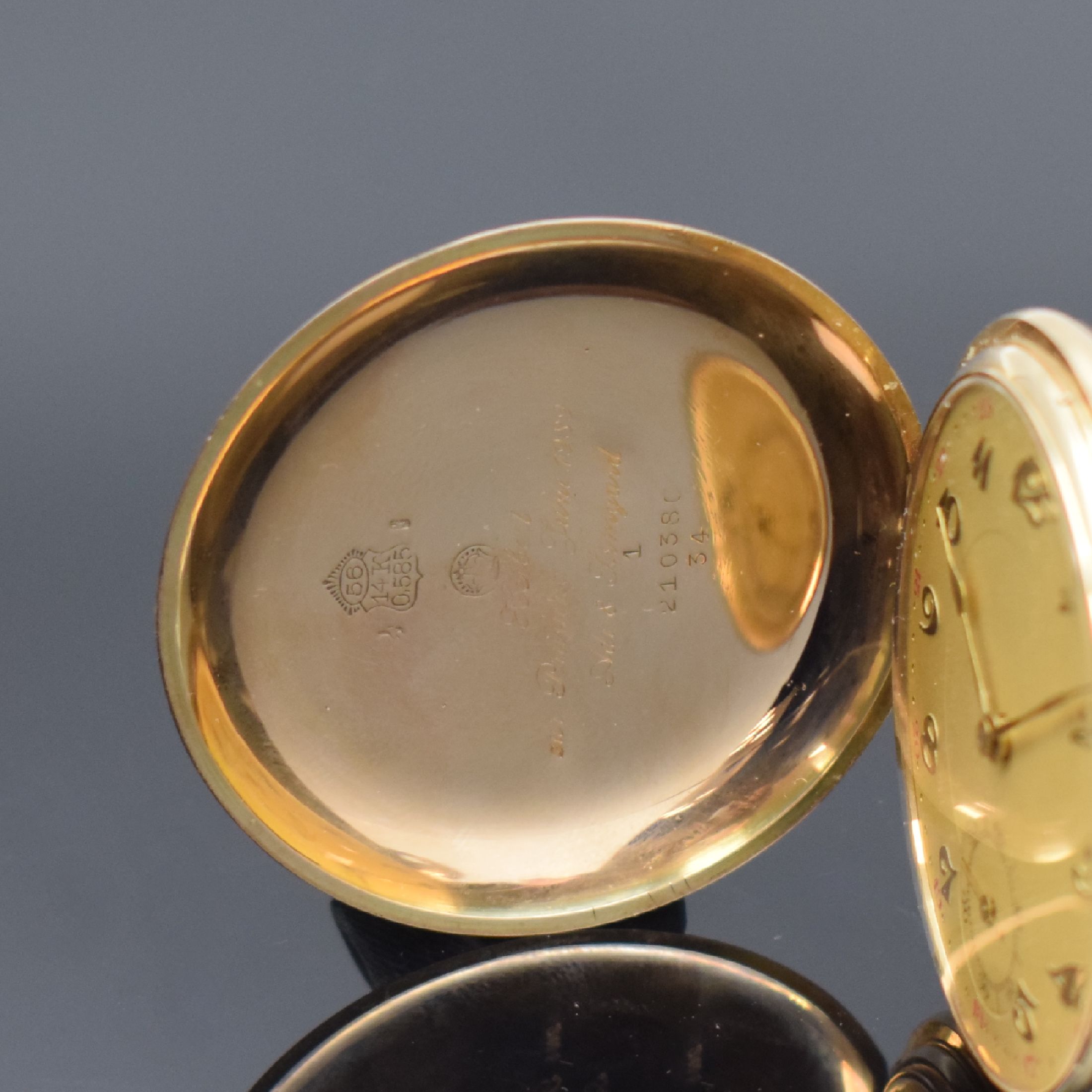 Detail a: Savonette Herrentaschenuhr in RoseG 585/000, Schweiz um 1920, glattes 2-Deckel Goldgeh. l. dell., verg. Cuv., verg. Zifferbl. m. gold. ...