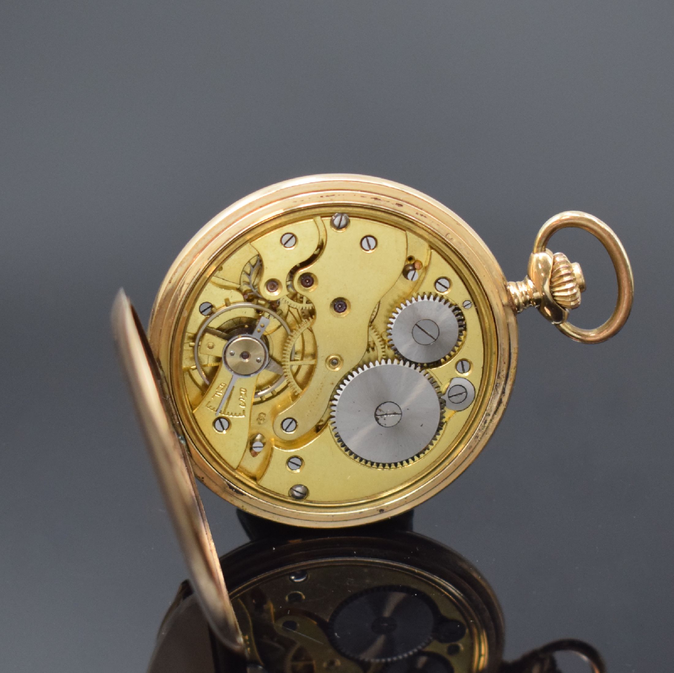 Detail e: Savonette Herrentaschenuhr in RoseG 585/000, Schweiz um 1920, glattes 2-Deckel Goldgeh. l. dell., verg. Cuv., verg. Zifferbl. m. gold. ...