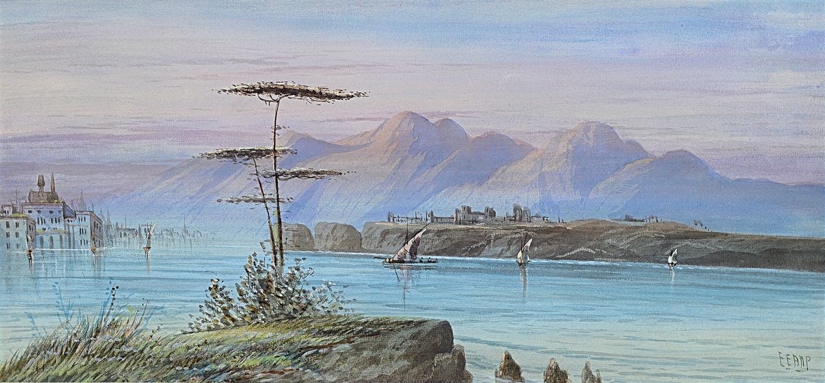 Edwin Earp, 1851-1945, britischer Landschaftsmaler, zwei Pendants mit Landschaften mit See, einer unter Vollmond, Gouache auf Papier, beide rechts ...