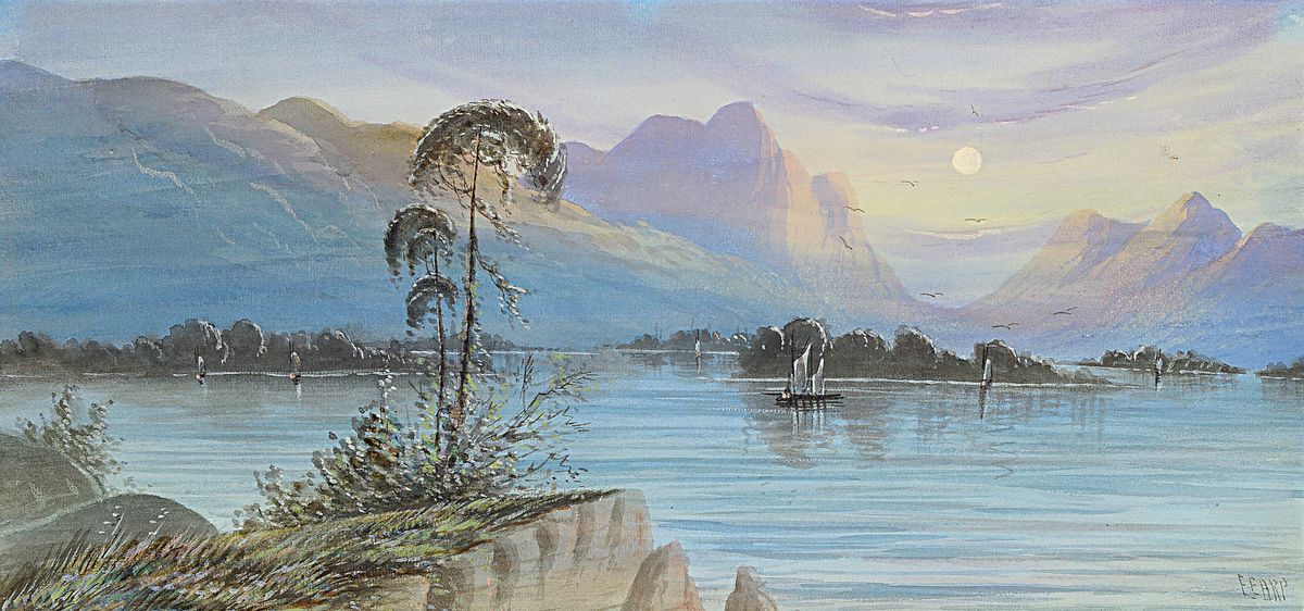 Detail a: Edwin Earp, 1851-1945, britischer Landschaftsmaler, zwei Pendants mit Landschaften mit See, einer unter Vollmond, Gouache auf Papier, beide rechts ...
