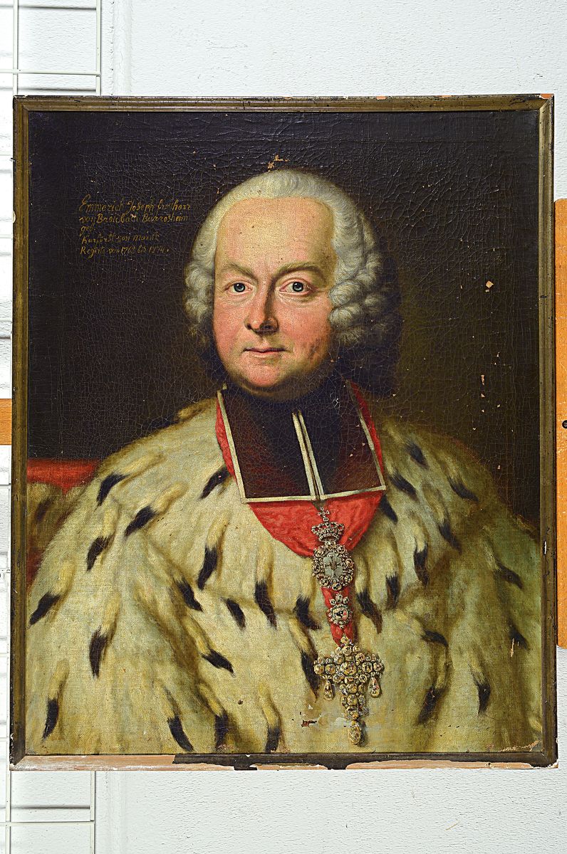 Detail k: Unbekannter Künstler des 18. Jh., Porträt des Emmerich Josef Freiherr von Breidbach Bürresheim, Kurfürst von Mainz, regierte von 1763 bis 1774, ...