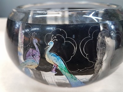 26690024d - Bowl, Vedar (Vetri d'Arte Fontana Milan), around 1925-35, colorless glass, painted all around with colorful peacocks and female figures in black solder painting, H. approx. 7cm, D. approx. 12cm