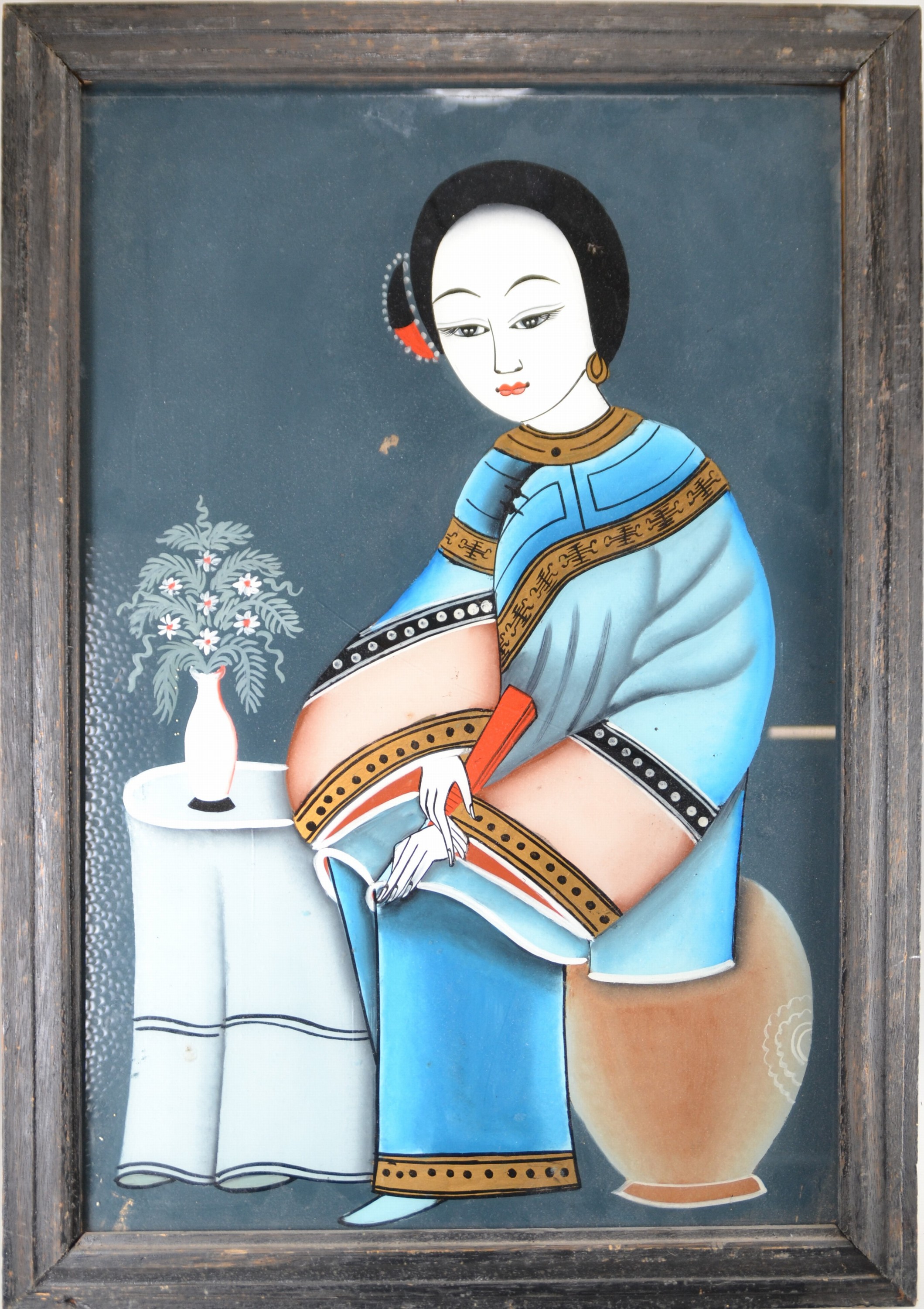 3 Hinterglasmalereien, China, um 1900, Darstellungen junger Damen mit Blumenvasen, je ca. 50x33cm, R. ca. 57x40cm