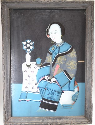 26690308a - 3 reverse glass paintings, China, around 1900, depictions young ladies with flower vases, each approx. 50x33cm, frame approx. 57x40cm