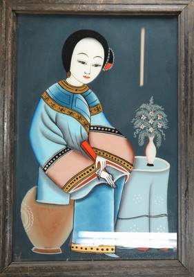 26690308b - 3 reverse glass paintings, China, around 1900, depictions young ladies with flower vases, each approx. 50x33cm, frame approx. 57x40cm