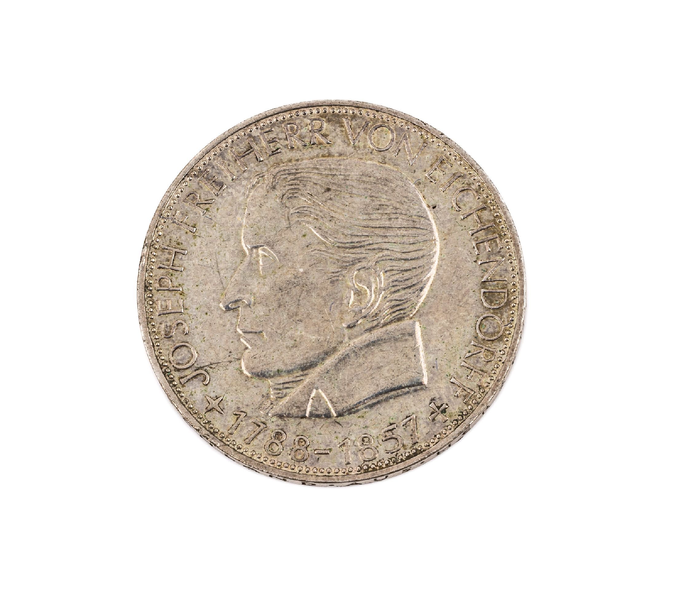 5 Mark Silbermünze, Deutschland 1957, Freiherr Joseph von Eichendorff, Prägemarke J