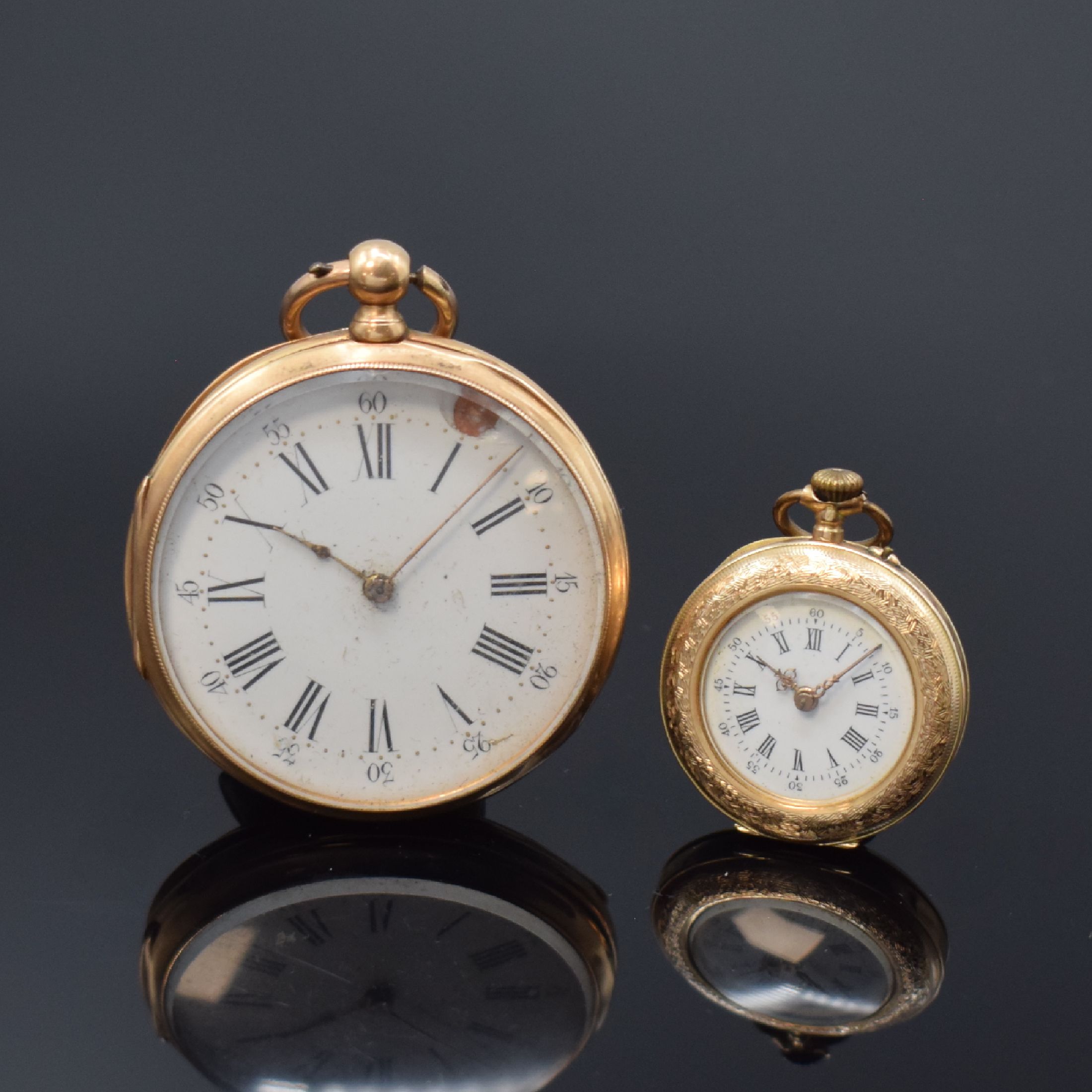 2 Taschenuhren in RG 750/000 und 585/000, Schweiz um 1870-1900, beide m. Emailzifferbl. riss./besch. u. Zylinderwerk, 1.) Herrenuhr in RG 750/000 m. ...