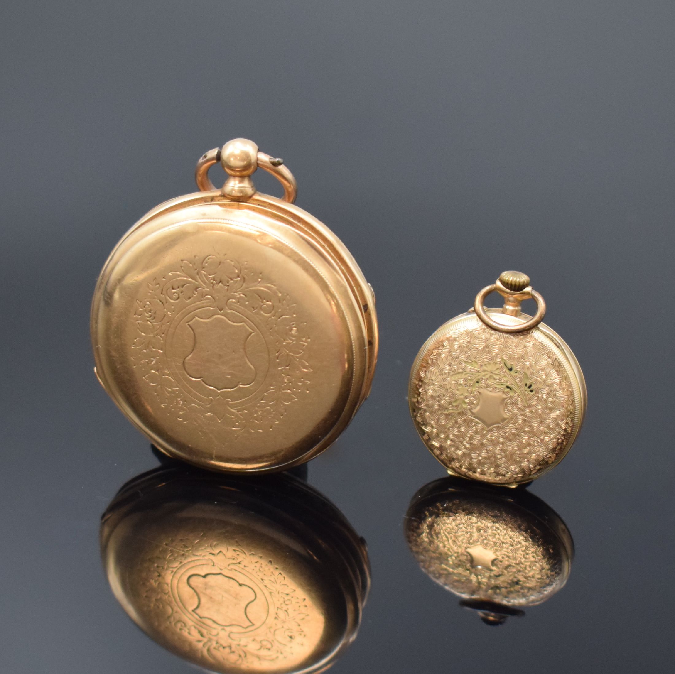 Detail a: 2 Taschenuhren in RG 750/000 und 585/000, Schweiz um 1870-1900, beide m. Emailzifferbl. riss./besch. u. Zylinderwerk, 1.) Herrenuhr in RG 750/000 m. ...
