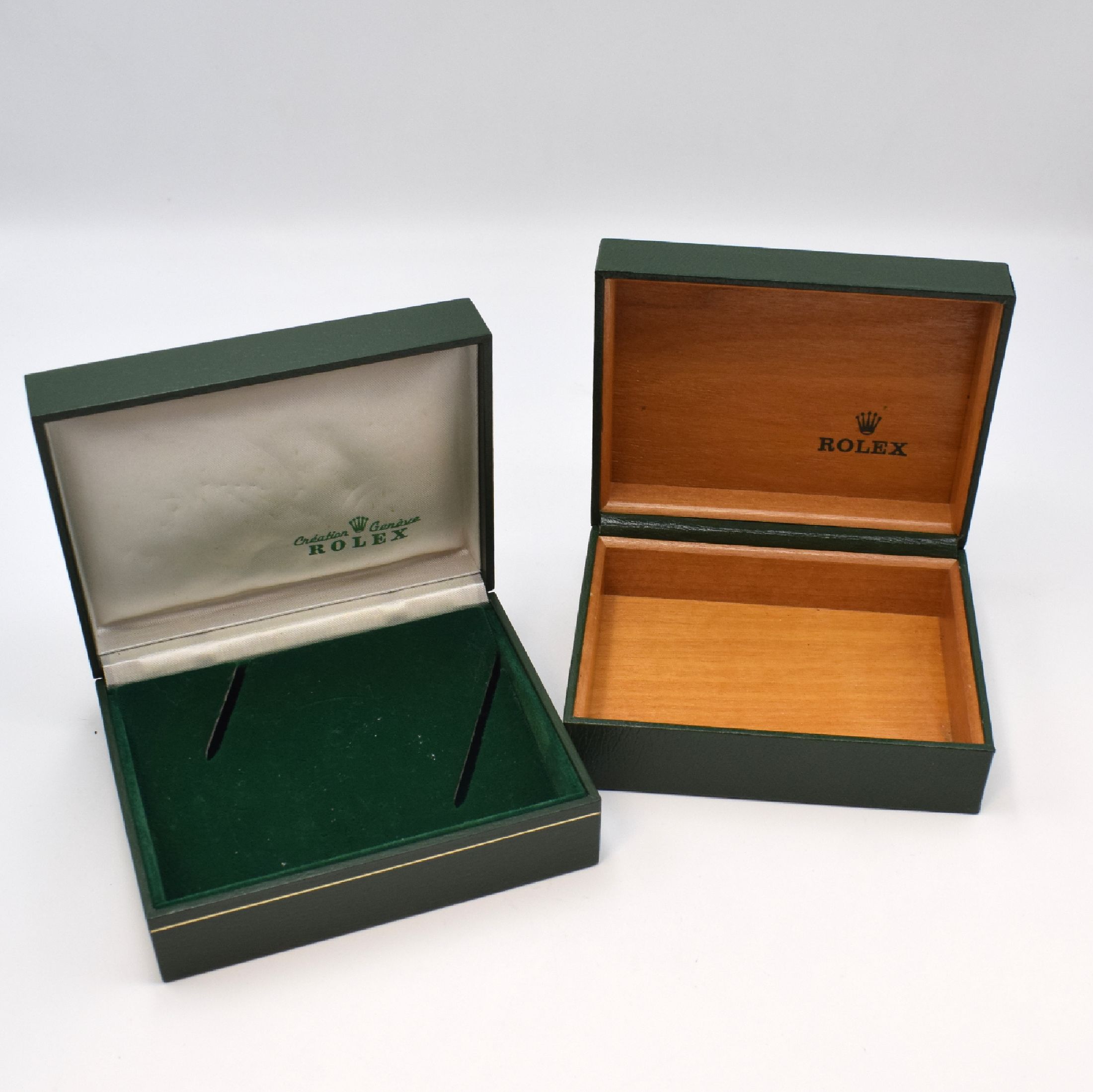 2 x ROLEX Boxen für Armbanduhren, Schweiz, 1) Ref. 11.00.2, 2) 10.00.01 ohne Inlay, guter gebr. Zustand