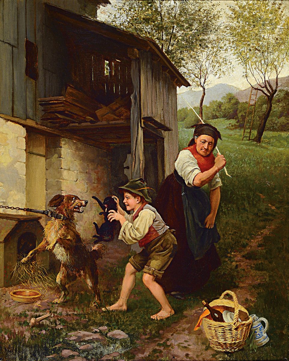 Julius Mante, 1841 Berlin-1907 Grunewald, Genregemälde, "Abgefaßt (erwischt)", so erwähnt in Boetticher 1969, Bd. I, S. 971; Knabe wird ...