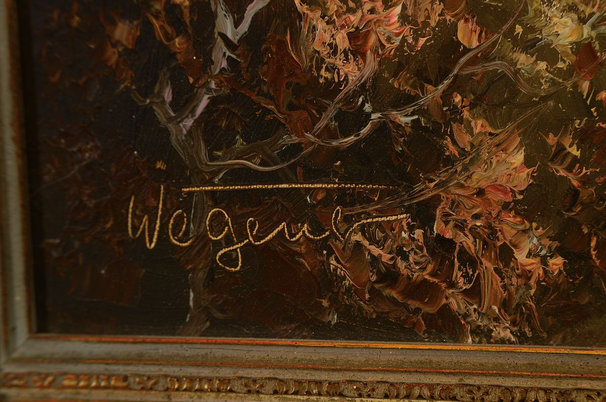 Detail a: Adolf Wegener (wohl), 1891-1960, Schwarzwaldmaler, balzender Auerhahn, Öl/Lwd, links unten signiert, Rahmen 75x66 cm
