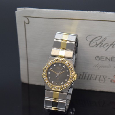 Image CHOPARD St. Moritz ladies wristwatch reference 8024 in stainless steel and gold, Switzerland, quartz, gold bezel and patinated dial set with diamonds, date, bracelet with butterfly buckle, diameter approx. 24 mm, length approx. 15 cm, original certificate enclosed, condition 2-3