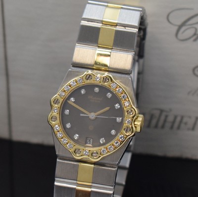 26690945a - CHOPARD St. Moritz ladies wristwatch reference 8024 in stainless steel and gold, Switzerland, quartz, gold bezel and patinated dial set with diamonds, date, bracelet with butterfly buckle, diameter approx. 24 mm, length approx. 15 cm, original certificate enclosed, condition 2-3