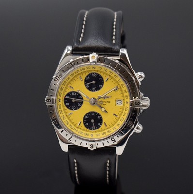 Image BREITLING Chronomat Longitude gents wristwatchwith chronograph reference A20048, Switzerland, self winding, screwed down case in stainless steel, bidirectional revolving bezel, yellow dial with applied hour-indices, luminous hands, date, second timezone, diameter approx. 39 mm, condition 2