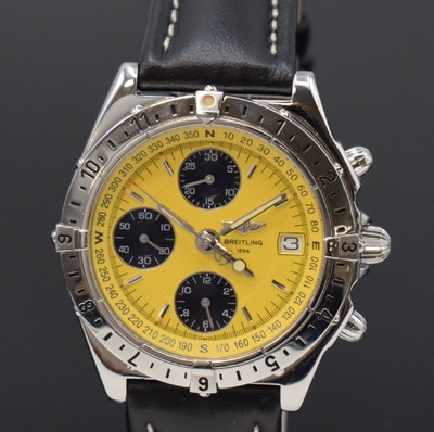 26690971a - BREITLING Chronomat Longitude gents wristwatchwith chronograph reference A20048, Switzerland, self winding, screwed down case in stainless steel, bidirectional revolving bezel, yellow dial with applied hour-indices, luminous hands, date, second timezone, diameter approx. 39 mm, condition 2