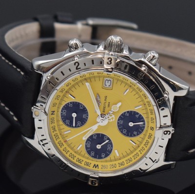 26690971b - BREITLING Chronomat Longitude gents wristwatchwith chronograph reference A20048, Switzerland, self winding, screwed down case in stainless steel, bidirectional revolving bezel, yellow dial with applied hour-indices, luminous hands, date, second timezone, diameter approx. 39 mm, condition 2