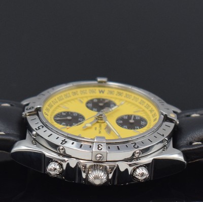 26690971d - BREITLING Chronomat Longitude gents wristwatchwith chronograph reference A20048, Switzerland, self winding, screwed down case in stainless steel, bidirectional revolving bezel, yellow dial with applied hour-indices, luminous hands, date, second timezone, diameter approx. 39 mm, condition 2