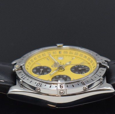 26690971e - BREITLING Chronomat Longitude gents wristwatchwith chronograph reference A20048, Switzerland, self winding, screwed down case in stainless steel, bidirectional revolving bezel, yellow dial with applied hour-indices, luminous hands, date, second timezone, diameter approx. 39 mm, condition 2