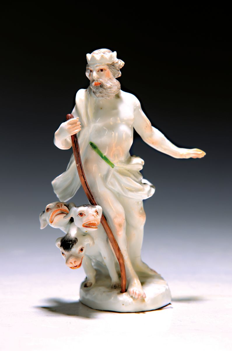 Porzellanfigur, Meissen, um 1755/60, Pluto mit Cerberus, Entwurf Johann Joachim Kaendler um 1753, Gott der Totenwelt mit den drei Höllenhunden, ...