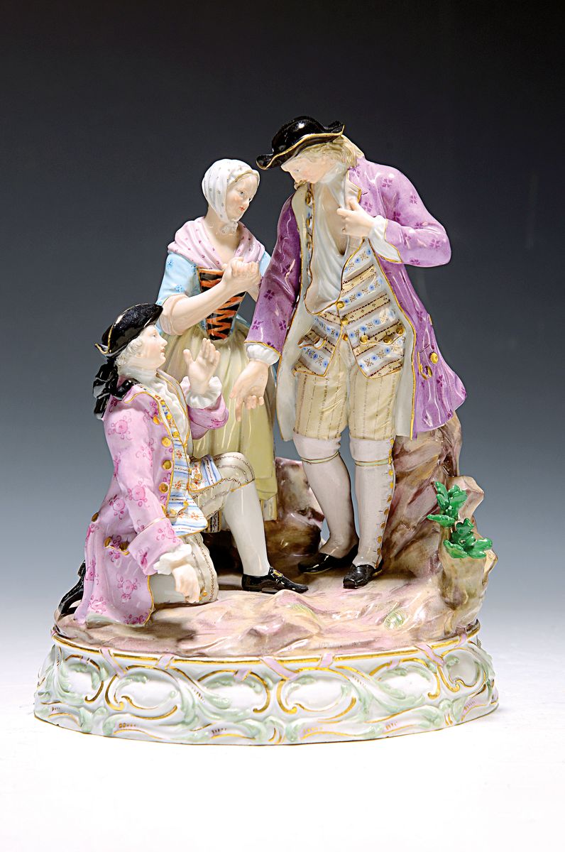 Porzellangruppe, Meissen, um 1860, Entwurf Acier, "Anette et Lubin", polychrom bemalt, Modellnr. B 100, Malernr. 64 in Rot, vollplastische ...