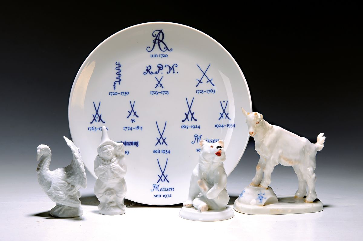 Vier Porzellanfiguren und Teller mit Markenzeichen, Meissen, 20. Jh., weiß, Bär, sparsam staffiert, H. 10 cm, S. 205: Ziege auf Milchtopf, besch., ...