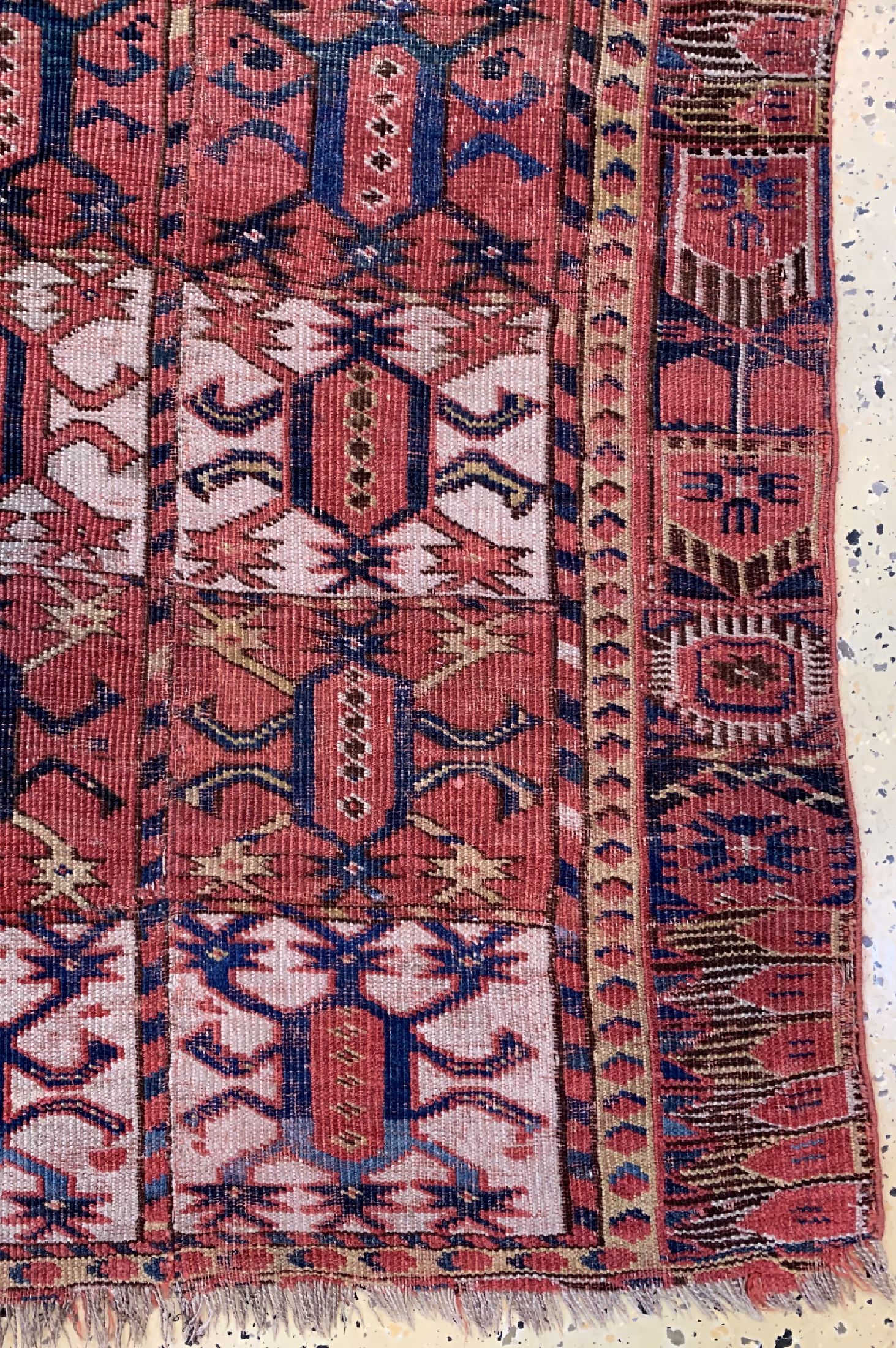 Detail a: Antiker Beschir, Turkmenistan, Anfang 19.Jhd, Wolle auf Wolle, ca. 193 x 86 cm, EHZ:3, (Alte Restaurierungen, Verkürzt)