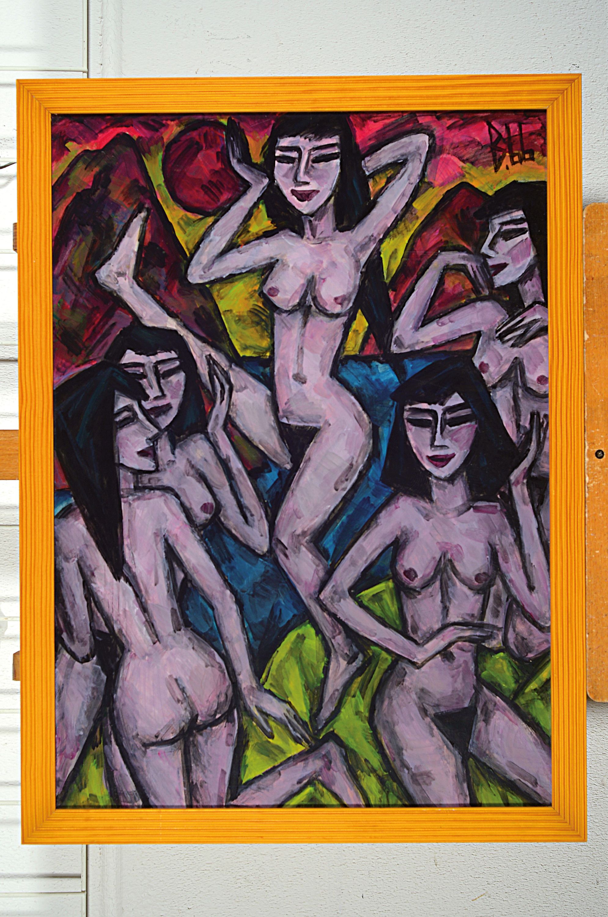 Detail k: Berutscha (Gurami Hagemann), 1945 Tiblissi/Georgien-2013, weibliche Figurengruppe, 5 Akte vor vielfarbigem Grund, rechts oben monogrammiert und ...