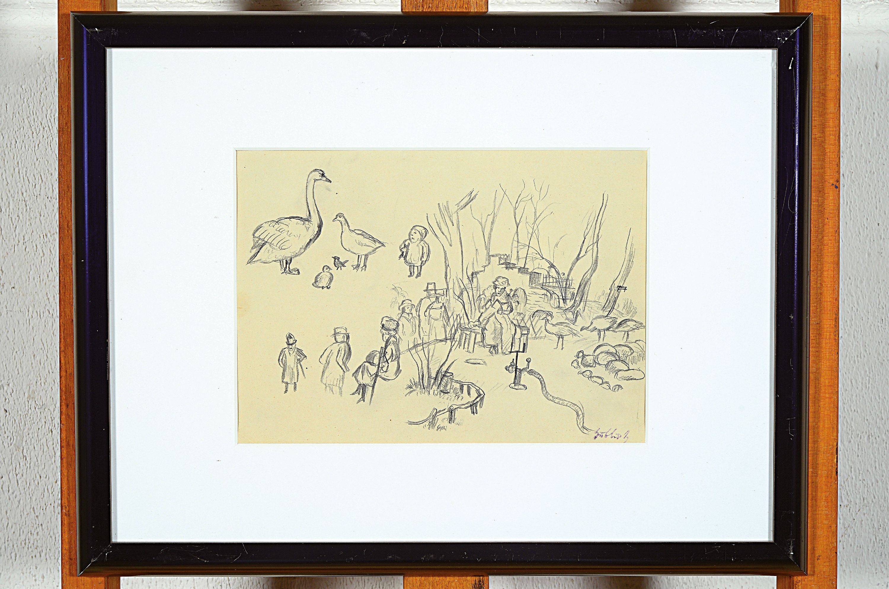 Detail k: Karl Hubbuch, 1891-1979 Karlsruhe, Bleistiftzeichnung, Figurengruppe in Parklandschaft, Stempelsignatur, 18,5x25 cm, unter Glas gerahmt 34x43 cm