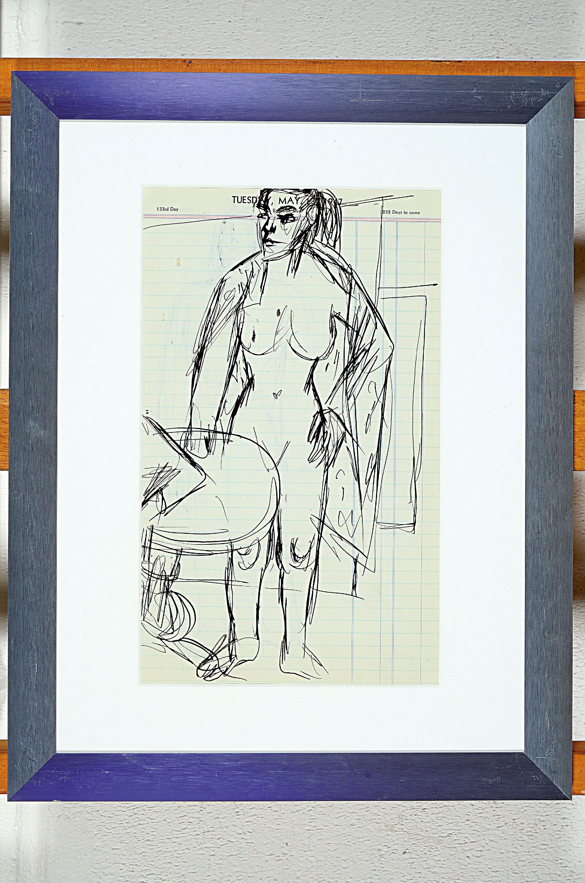 Detail k: Karl Hubbuch, 1891-1979 Karlsruhe, zwei Tuschezeichnungen (Vorder- und Rückseite), weiblicher Akt mit Tisch und stehende Figur, Nachlaßstempel, ...