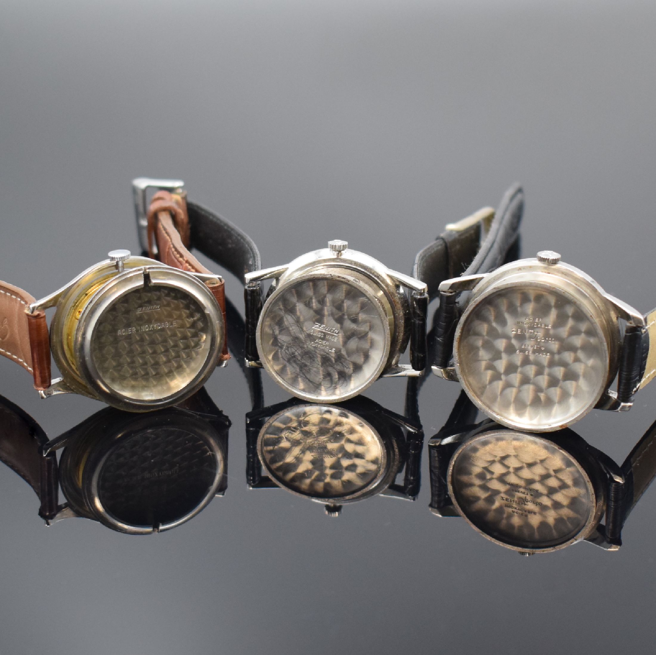 Detail g: ZENITH 3 Herrenarmbanduhren in Stahl, Schweiz ca. 1950-1960, Handaufzug, gedr. Geh., 1.) Mod. Sporto, Zifferbl. rest., verg. Werk verglast, Kal. 40, ...