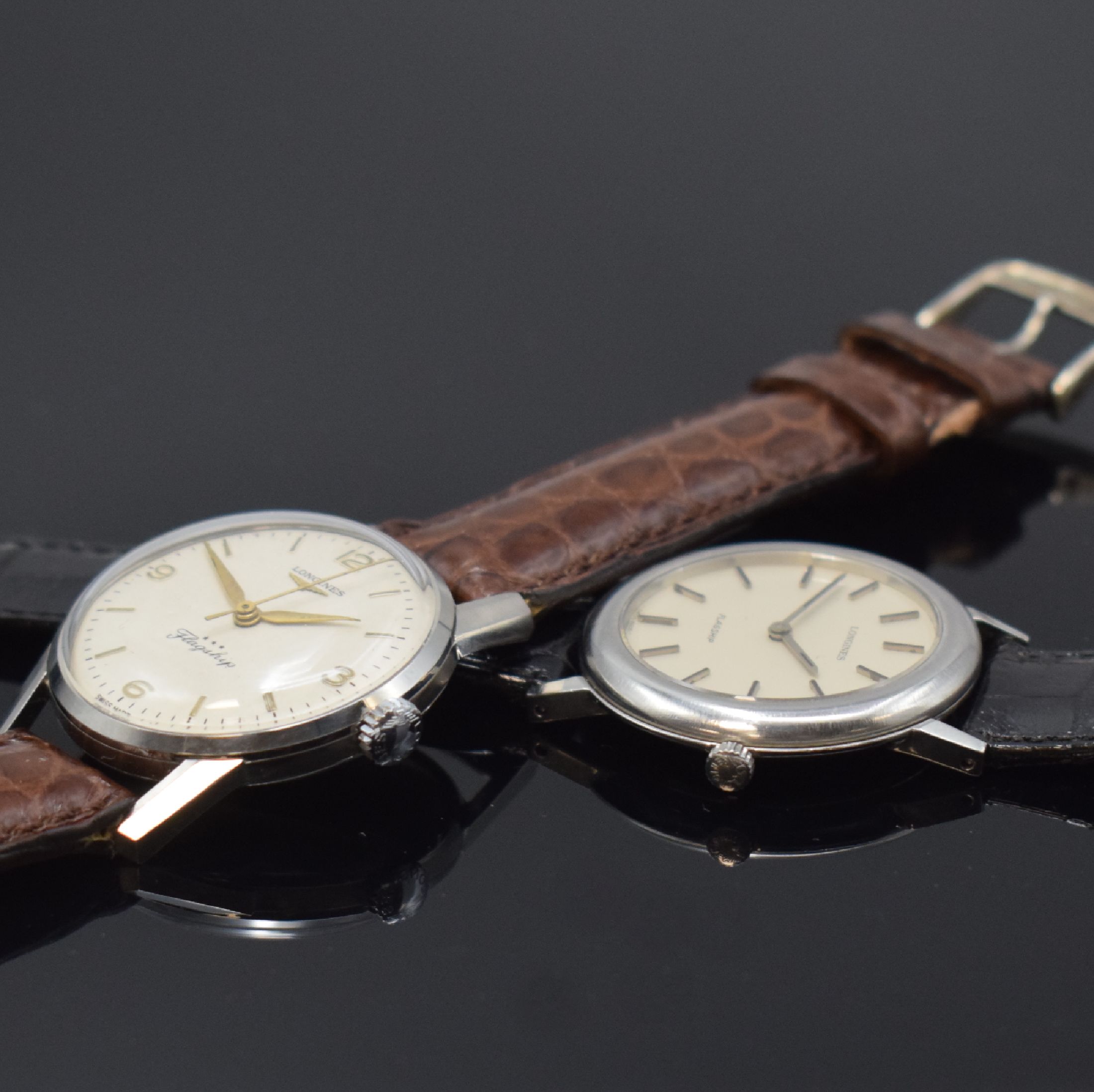 Detail c: LONGINES Flagship 2 Herrenarmbanduhren in Stahl, Schweiz um 1964 / 1980, Handaufzug, gedr. Geh., 1.) Rückdeckel m. Flagship-Symbol, Zifferbl. rest., ...