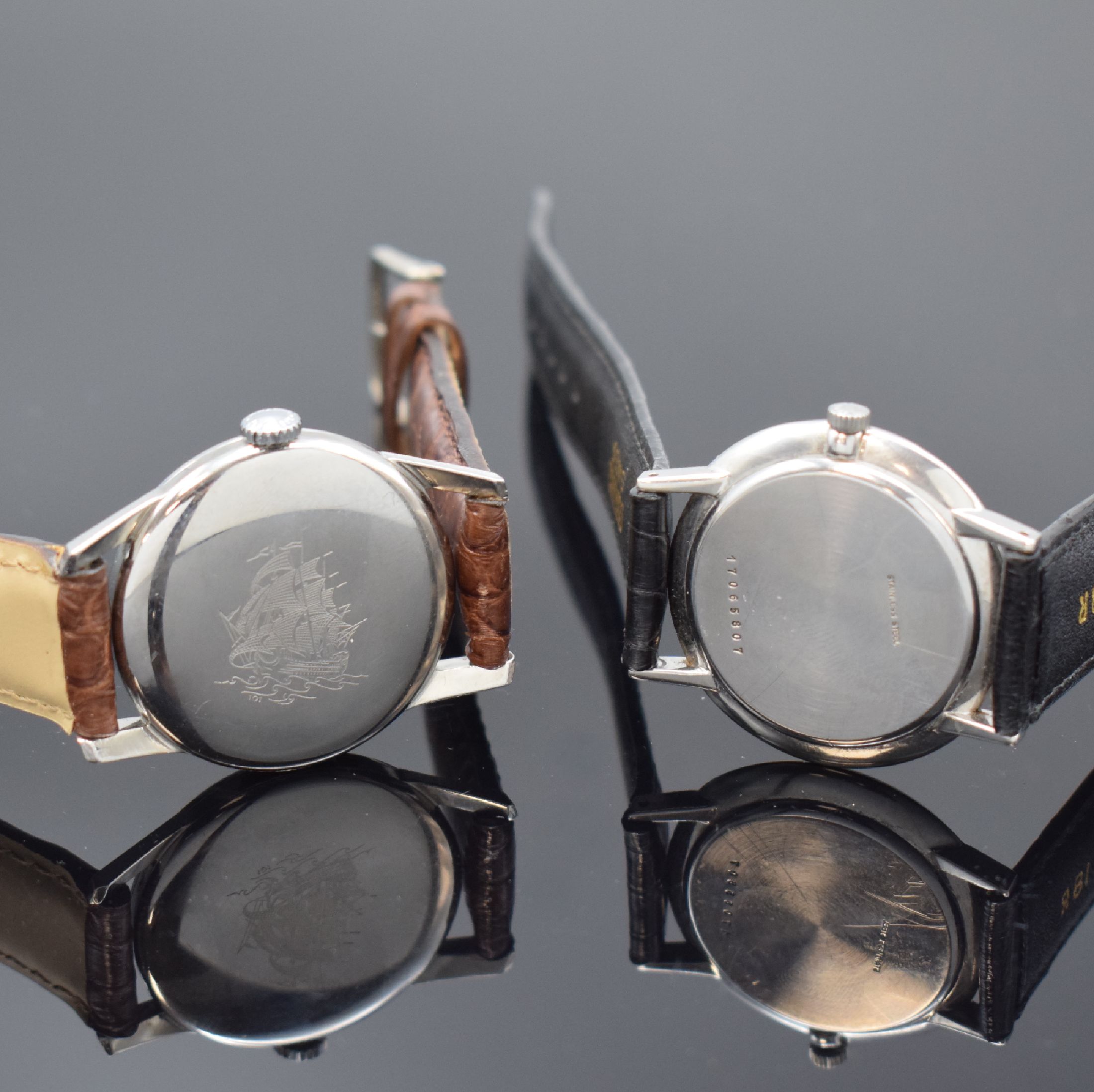 Detail d: LONGINES Flagship 2 Herrenarmbanduhren in Stahl, Schweiz um 1964 / 1980, Handaufzug, gedr. Geh., 1.) Rückdeckel m. Flagship-Symbol, Zifferbl. rest., ...