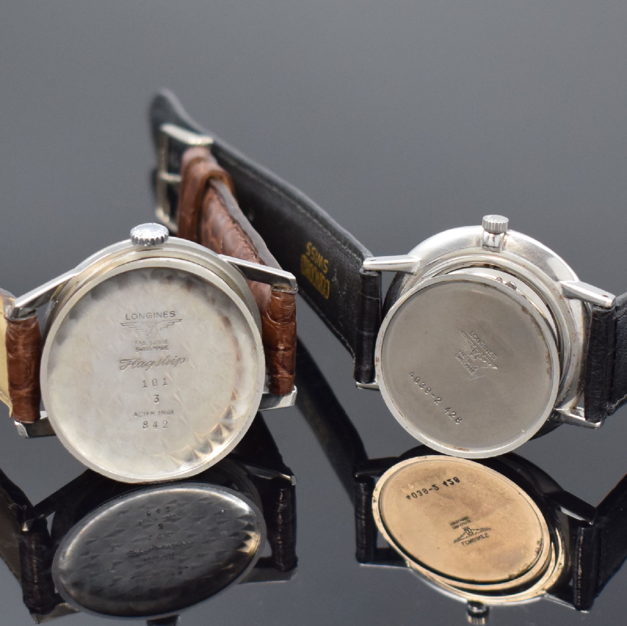 Detail f: LONGINES Flagship 2 Herrenarmbanduhren in Stahl, Schweiz um 1964 / 1980, Handaufzug, gedr. Geh., 1.) Rückdeckel m. Flagship-Symbol, Zifferbl. rest., ...