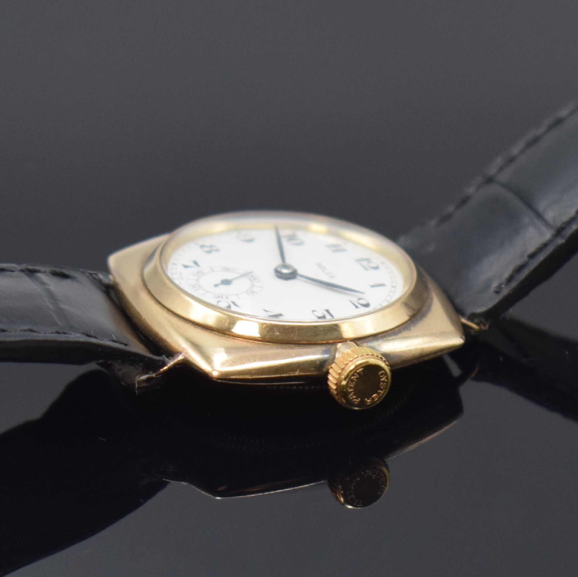 Detail c: ROLEX Oyster Referenz 678 sogen. "Kanalschwimmer" Armbanduhr in RG 375/000, Schweiz um 1934, Handaufzug, verschr. Geh., glatte Lünette, ...