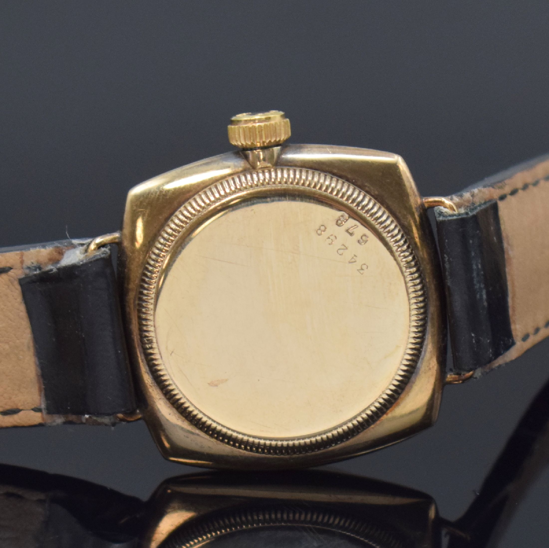 Detail d: ROLEX Oyster Referenz 678 sogen. "Kanalschwimmer" Armbanduhr in RG 375/000, Schweiz um 1934, Handaufzug, verschr. Geh., glatte Lünette, ...