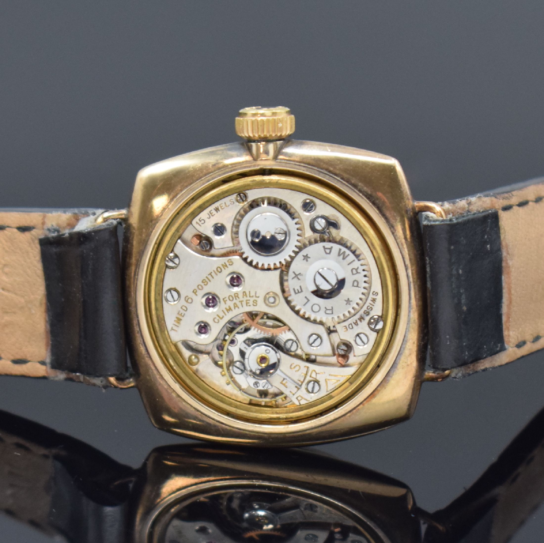 Detail f: ROLEX Oyster Referenz 678 sogen. "Kanalschwimmer" Armbanduhr in RG 375/000, Schweiz um 1934, Handaufzug, verschr. Geh., glatte Lünette, ...